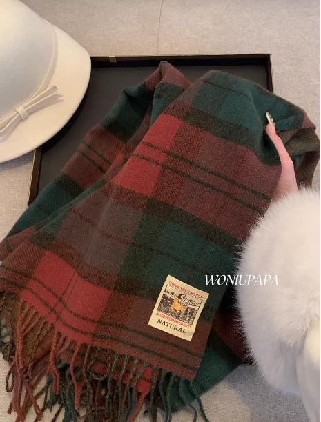 Plaid Fringed Trim Applique Scarf SpreePicky