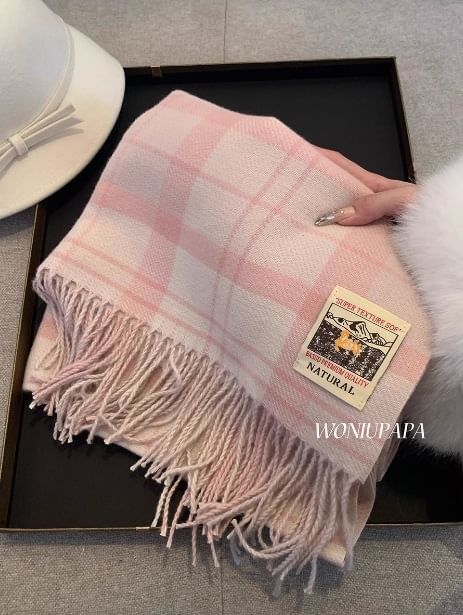 Plaid Fringed Trim Applique Scarf SpreePicky