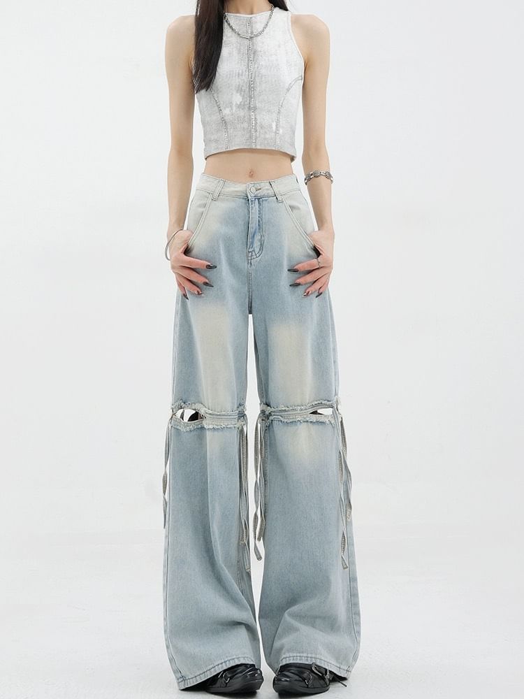 Low Waist Washed Cut-Out Straight-Fit Wide-Leg Jeans SpreePicky