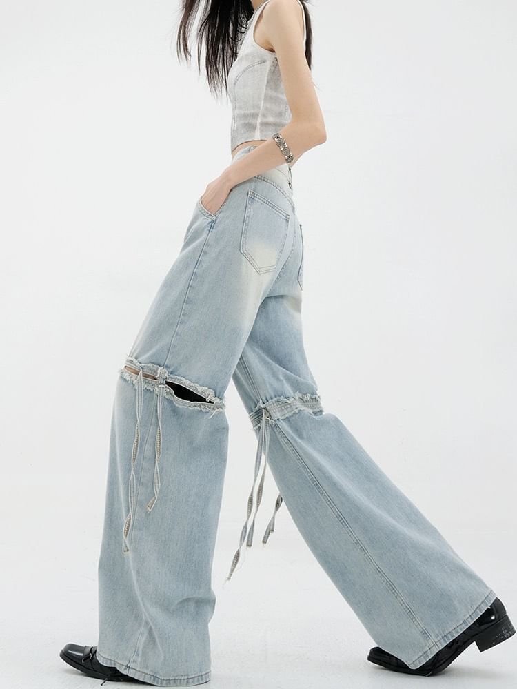 Low Waist Washed Cut-Out Straight-Fit Wide-Leg Jeans SpreePicky