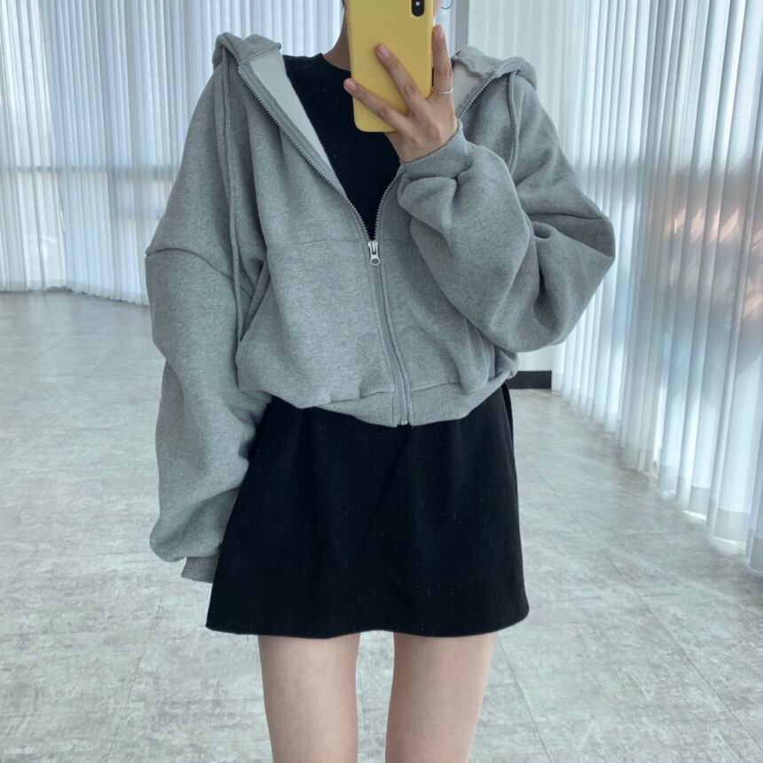 Drop Shoulder Plain Zip Up Cropped Hoodie SpreePicky