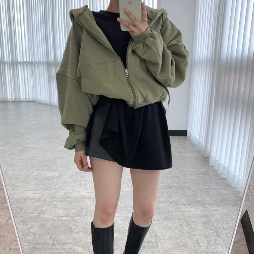 Drop Shoulder Plain Zip Up Cropped Hoodie SpreePicky