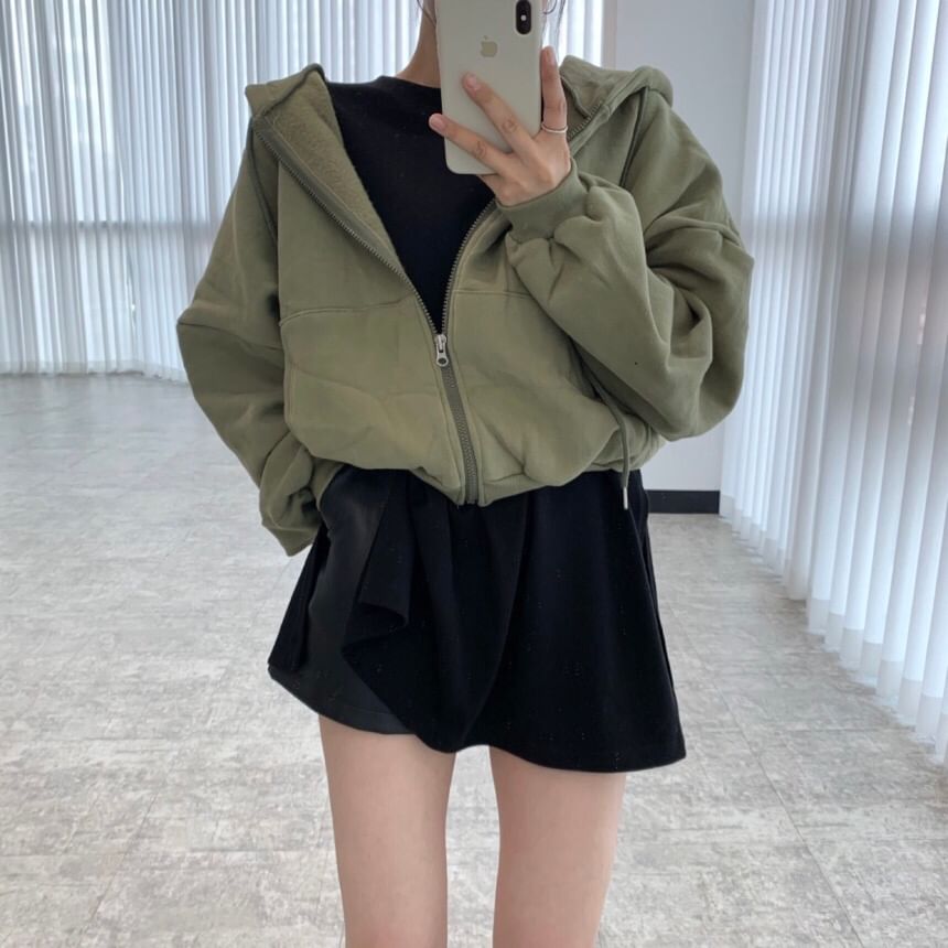 Drop Shoulder Plain Zip Up Cropped Hoodie SpreePicky