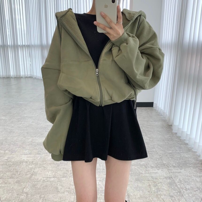 Drop Shoulder Plain Zip Up Cropped Hoodie SpreePicky