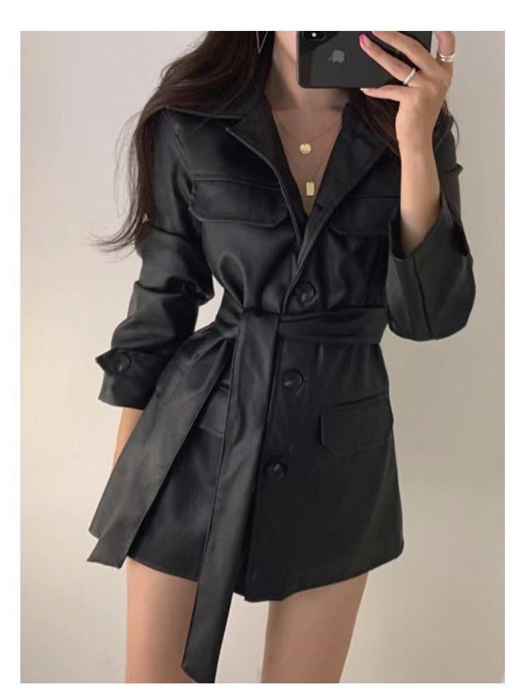 Long Sleeve Collared Plain Faux Leather Button Belted Shirt Dress SpreePicky