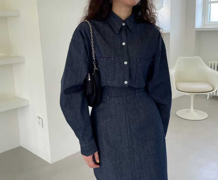 Collared Drop Shoulder Denim Shirt / High Waist Plain Midi A-Line Skirt SpreePicky