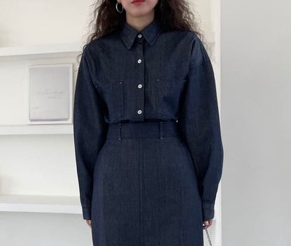 Collared Drop Shoulder Denim Shirt / High Waist Plain Midi A-Line Skirt SpreePicky