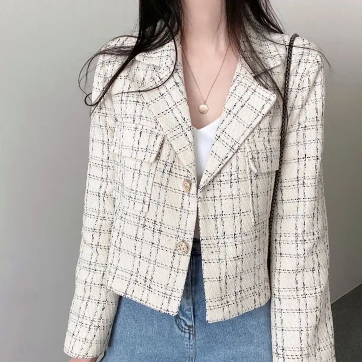 Lapel Collar Plaid Tweed Cropped Button Jacket SpreePicky