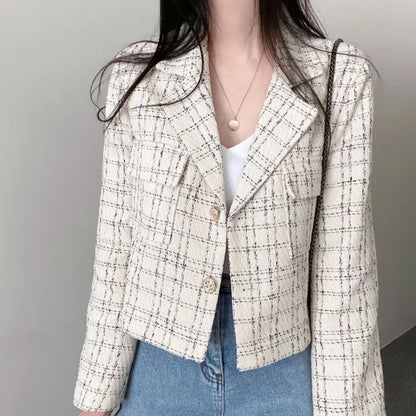 Lapel Collar Plaid Tweed Cropped Button Jacket SpreePicky