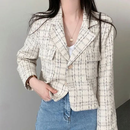 Lapel Collar Plaid Tweed Cropped Button Jacket SpreePicky