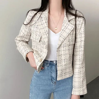 Lapel Collar Plaid Tweed Cropped Button Jacket SpreePicky