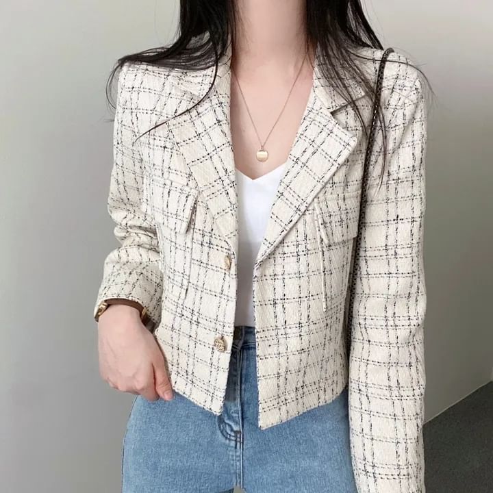 Lapel Collar Plaid Tweed Cropped Button Jacket SpreePicky