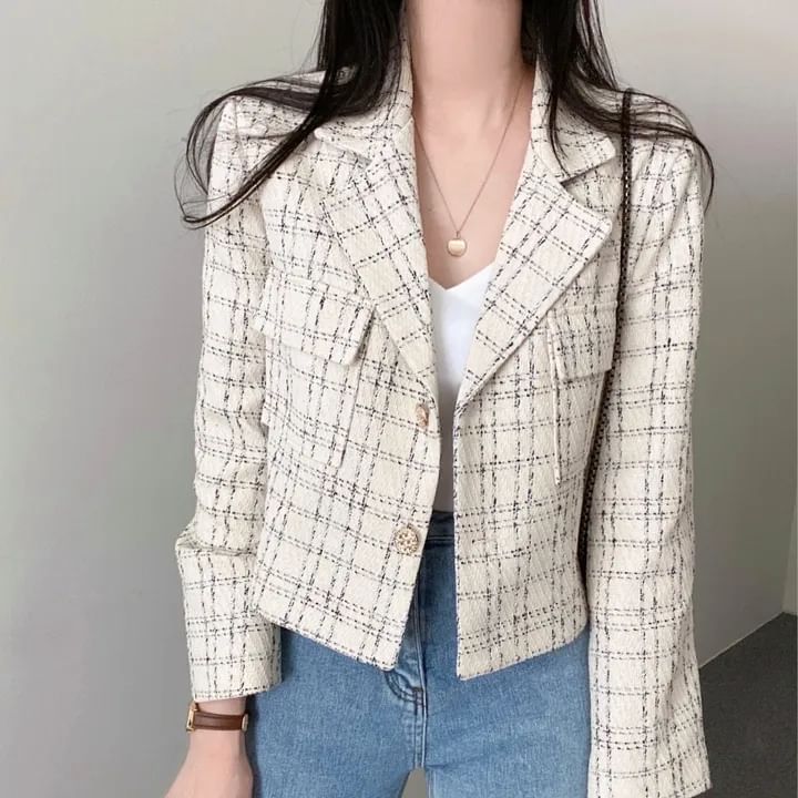 Lapel Collar Plaid Tweed Cropped Button Jacket SpreePicky