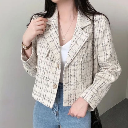 Lapel Collar Plaid Tweed Cropped Button Jacket SpreePicky