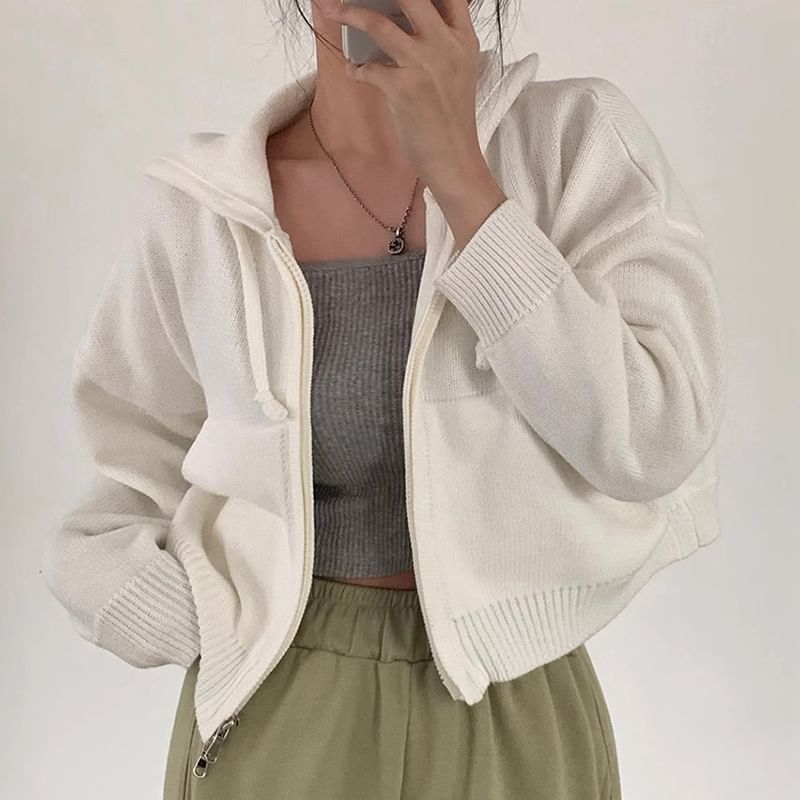 Drop Shoulder Plain Zip Up Cropped Knit Hoodie SpreePicky