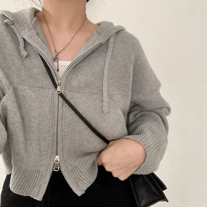 Drop Shoulder Plain Zip Up Cropped Knit Hoodie SpreePicky