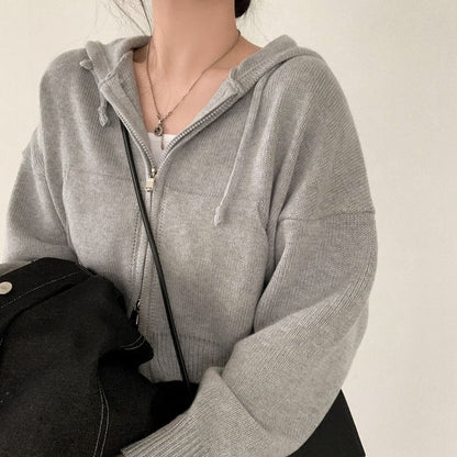 Drop Shoulder Plain Zip Up Cropped Knit Hoodie SpreePicky