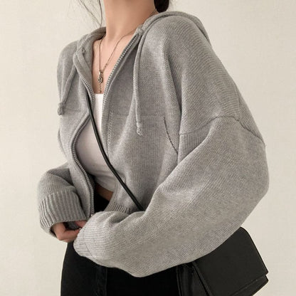 Drop Shoulder Plain Zip Up Cropped Knit Hoodie SpreePicky