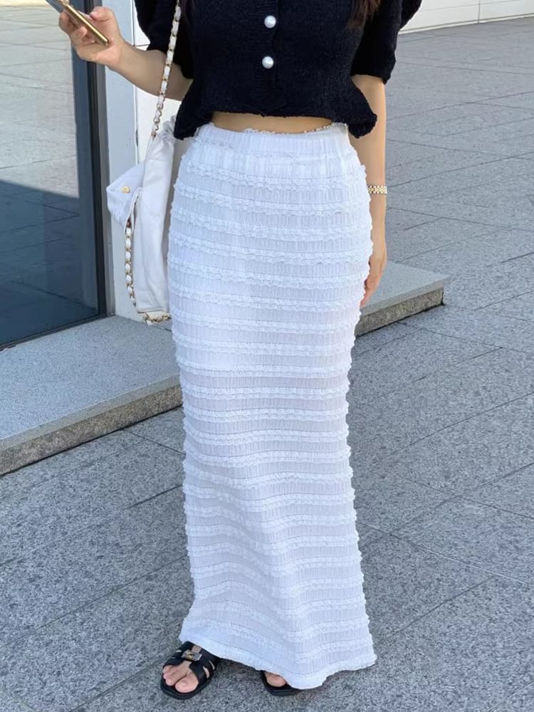 High Waist Plain Ruffle Trim Mermaid Maxi Skirt SpreePicky