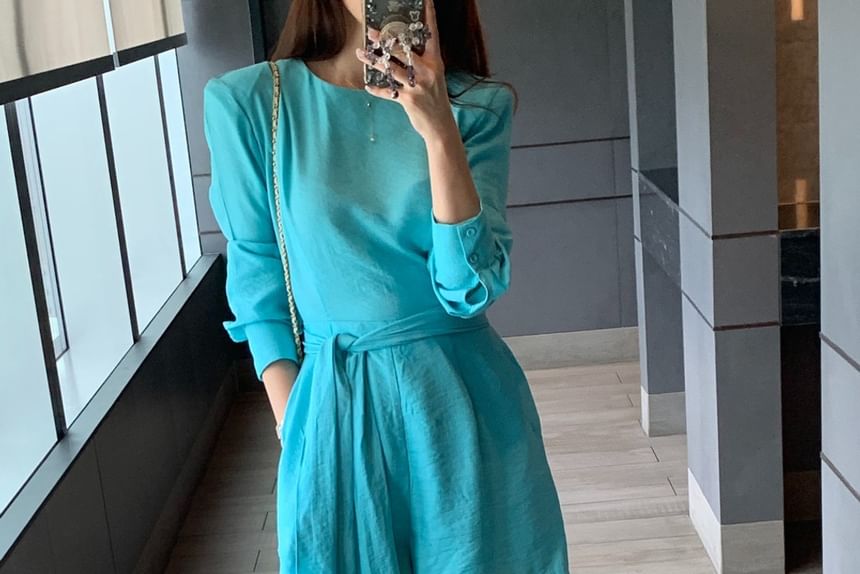 Long-Sleeve Round Neck Plain Belted Romper SpreePicky