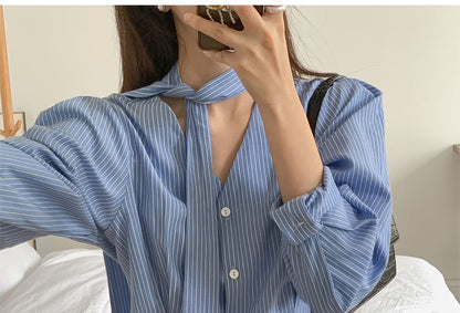 Long Sleeve V-Neck Striped Tie Front Blouse SpreePicky