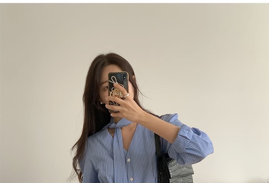 Long Sleeve V-Neck Striped Tie Front Blouse SpreePicky