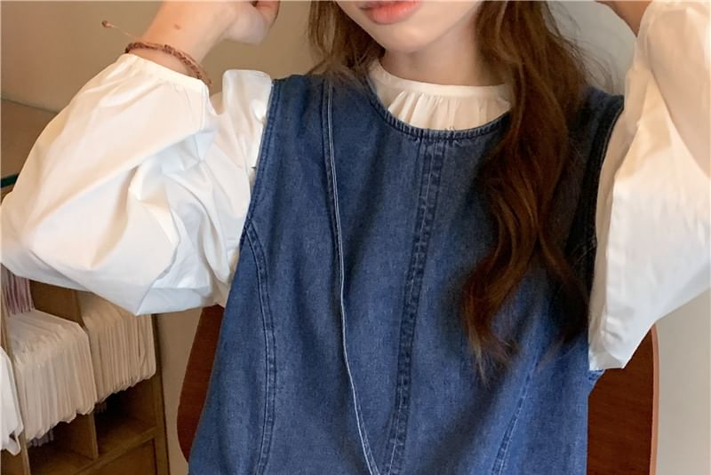 Long-Sleeve Round Neck Plain Blouse / Washed Denim Maxi Dungaree Dress / Crossbody Bag / Set SpreePicky