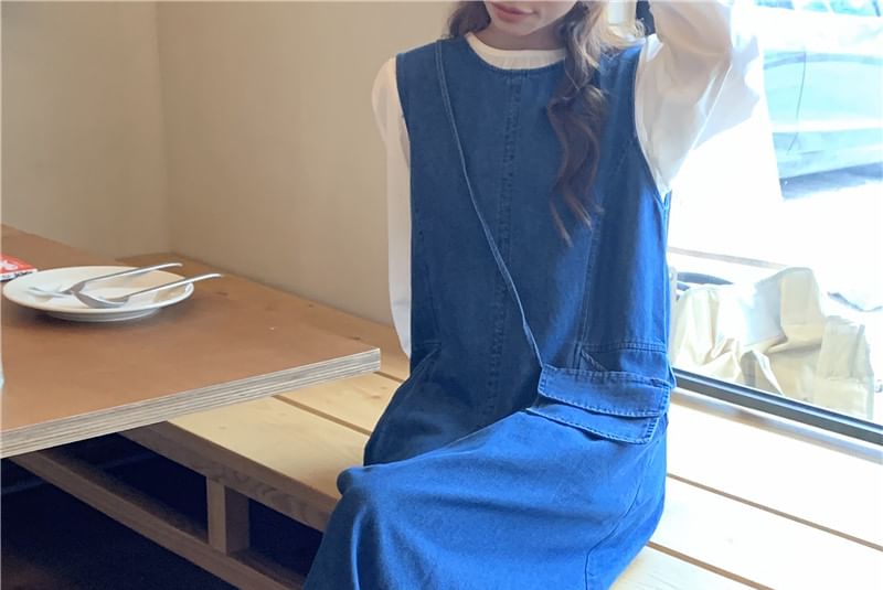 Long-Sleeve Round Neck Plain Blouse / Washed Denim Maxi Dungaree Dress / Crossbody Bag / Set SpreePicky