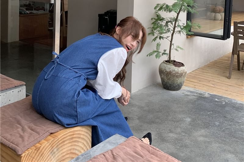 Long-Sleeve Round Neck Plain Blouse / Washed Denim Maxi Dungaree Dress / Crossbody Bag / Set SpreePicky