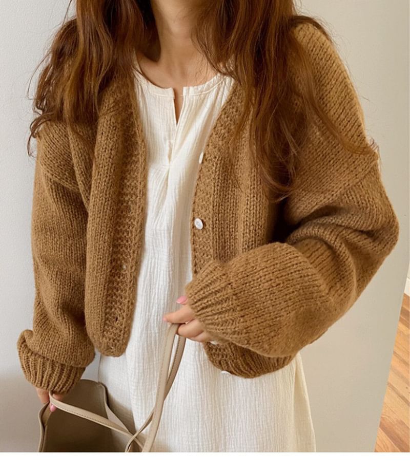 Bubble-Sleeve V-Neck Cardigan SpreePicky