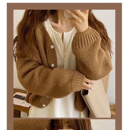 Bubble-Sleeve V-Neck Cardigan SpreePicky