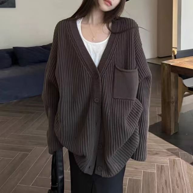 Oversized V-Neck Cardigan with Pocket SpreePicky