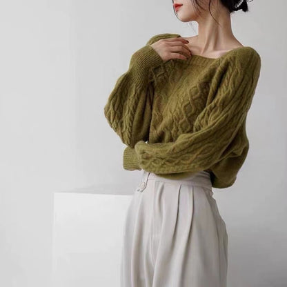 Square-Neck Cable-Knit Loose Sweater in 13 Colors SpreePicky