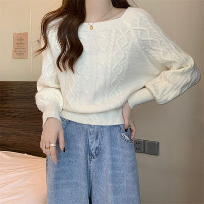 Square-Neck Cable-Knit Loose Sweater in 13 Colors SpreePicky