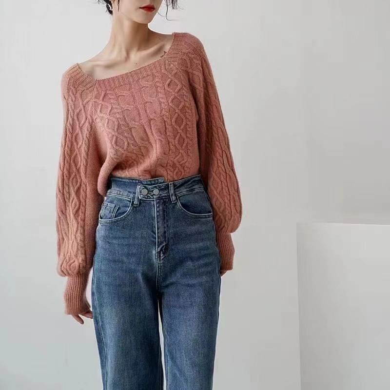 Square-Neck Cable-Knit Loose Sweater in 13 Colors SpreePicky