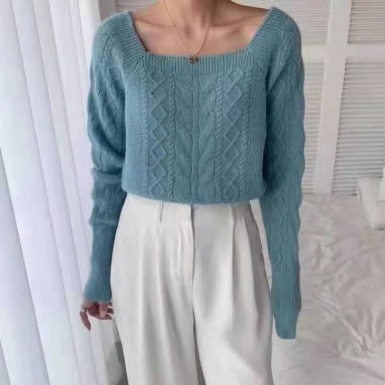 Square-Neck Cable-Knit Loose Sweater in 13 Colors SpreePicky