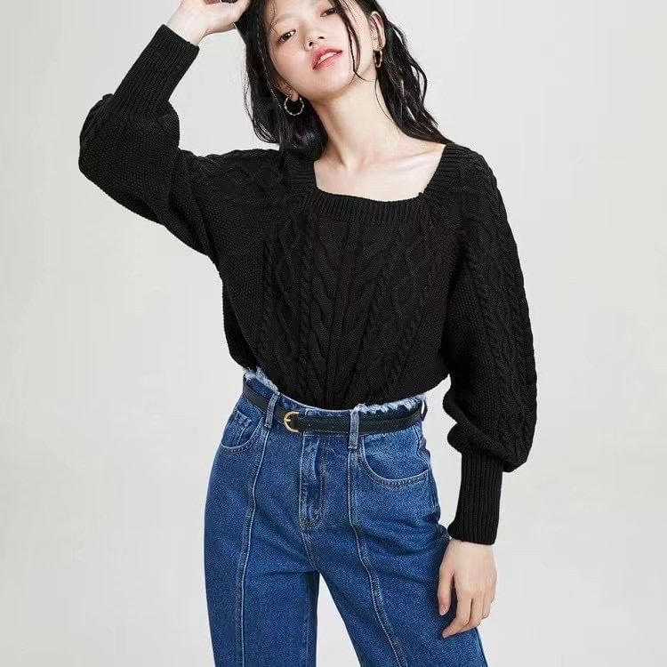 Square-Neck Cable-Knit Loose Sweater in 13 Colors SpreePicky