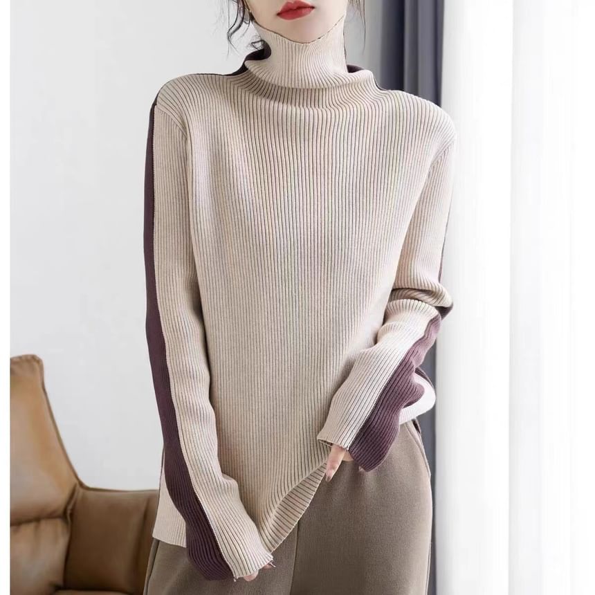 Turtleneck Colorblock Ribbed-Knit Sweater SpreePicky