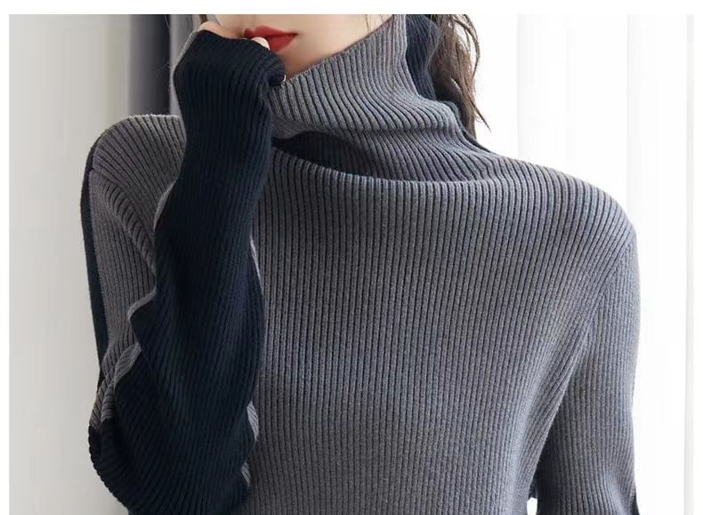 Turtleneck Colorblock Ribbed-Knit Sweater SpreePicky