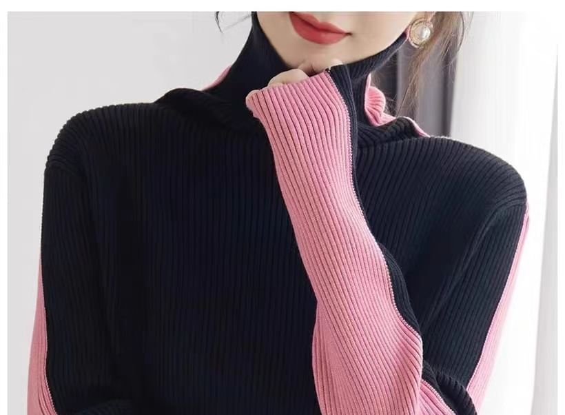 Turtleneck Colorblock Ribbed-Knit Sweater SpreePicky