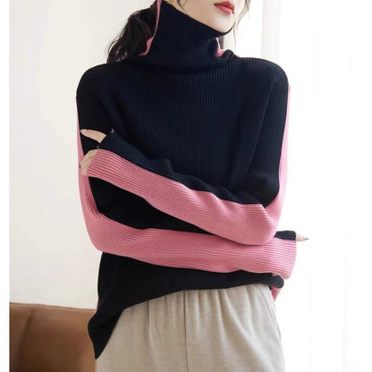 Turtleneck Colorblock Ribbed-Knit Sweater SpreePicky