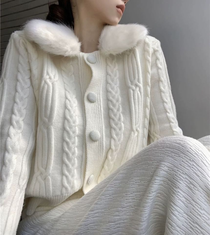 Faux Fur-Collar Cable-Knit Cardigan in 6 Colors SpreePicky