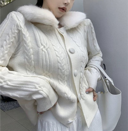 Faux Fur-Collar Cable-Knit Cardigan in 6 Colors SpreePicky