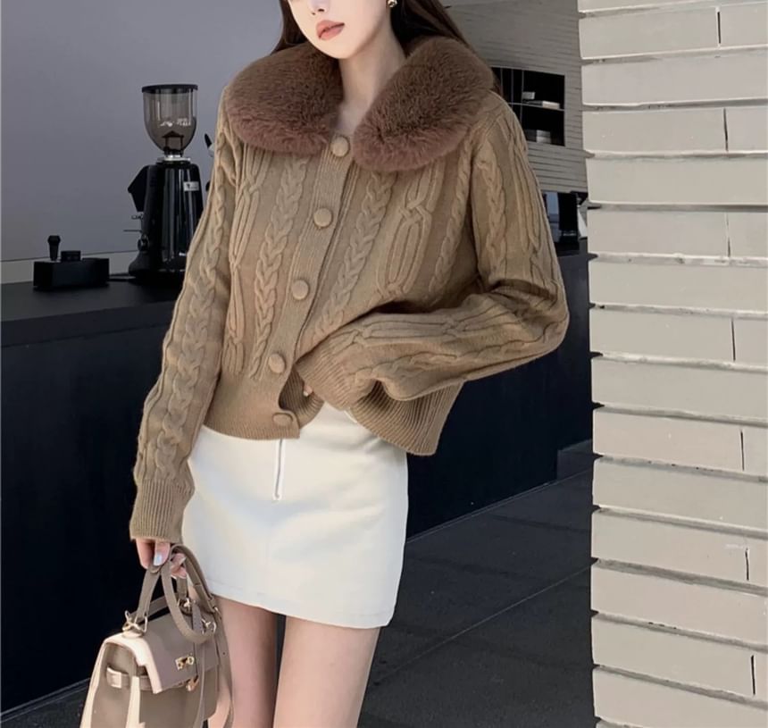 Faux Fur-Collar Cable-Knit Cardigan in 6 Colors SpreePicky