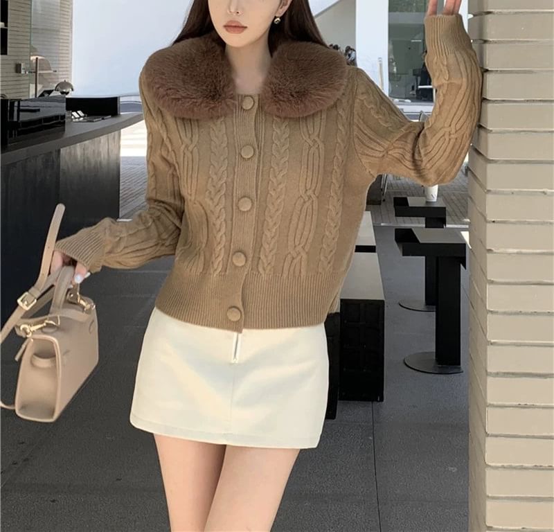 Faux Fur-Collar Cable-Knit Cardigan in 6 Colors SpreePicky