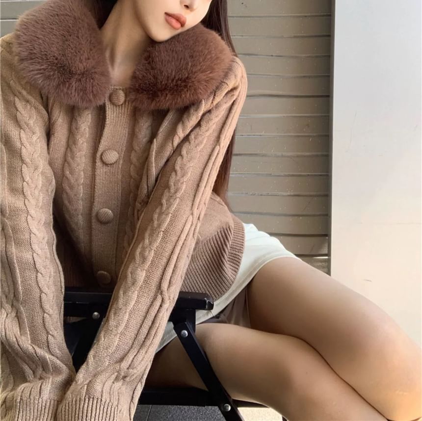 Faux Fur-Collar Cable-Knit Cardigan in 6 Colors SpreePicky