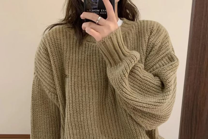 Oversized Crew-Neck Knit Sweater in 5 Colors SpreePicky