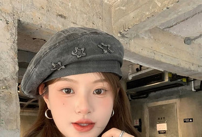 Star-Embroidered Washed Denim Beret SpreePicky