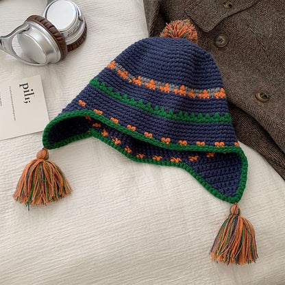 Tassel Striped Earflap Beanie SpreePicky