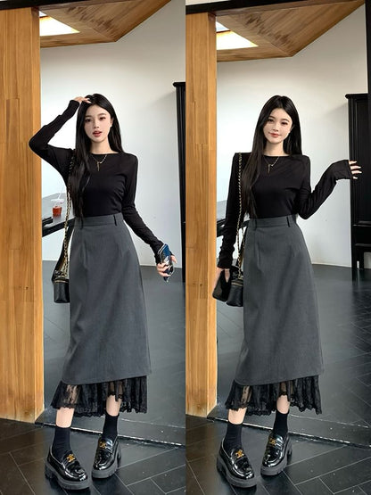 Long-Sleeve Crew Neck Plain Knit Top / High Rise Lace Trim Midi A-Line Skirt SpreePicky